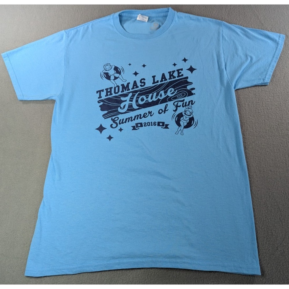Jerzees Mens Dri-Power Thomas Lake House Graphic T-Shirt Medium Blue Summer 2016